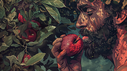 Bible scene, Adam eating the apple in the Garden of eden - obrazy, fototapety, plakaty