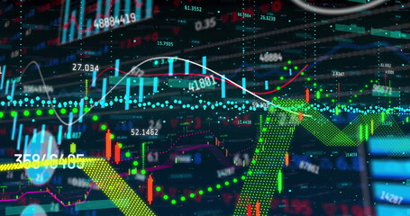 Image of financial data processing on black background