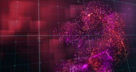 Image of red and purple digital wave over pink square shapes floating against black background