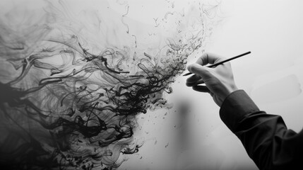 Artist painting with black ink on white canvas.