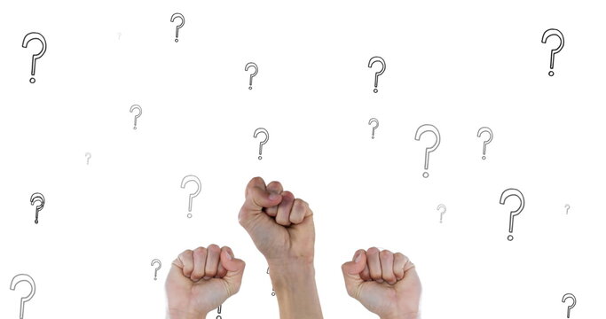 Image of question marks over raising fists on white background - Powered by Adobe