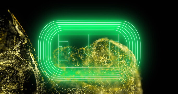 Image of yellow digital wave over neon green soccer field layout against black background - Powered by Adobe