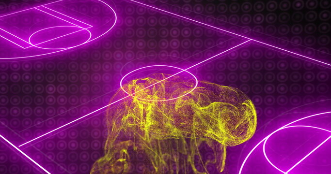 Image of yellow digital wave over neon purple soccer field layout against black background