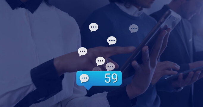 Image of network of connections with icons over biracial woman using tablet