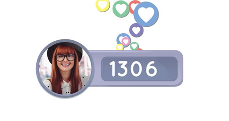 Image of heart icons behind a grey box with numbers and a cropped photo of a red haired Caucasian wo