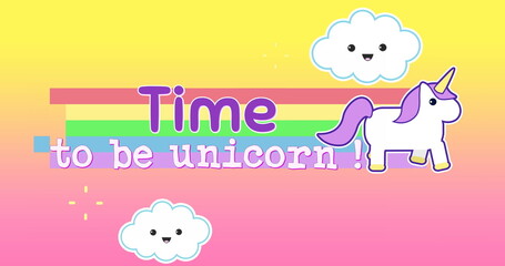 Digital image of a unicorn running across the screen while leaving behind a rainbow with a text that