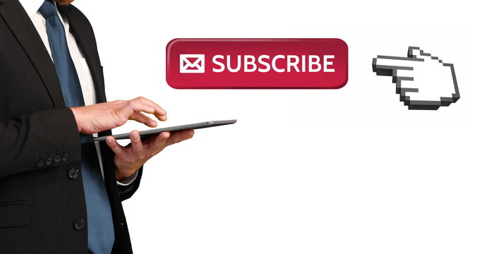Digital image of a subscriber button with a hand icon pointing towards it