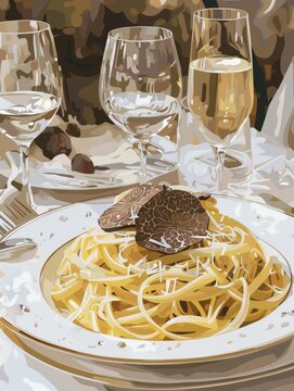 A white plate with a serving of pasta with truffles and a glass of white wine.