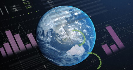 Image of statistics and financial data processing over globe