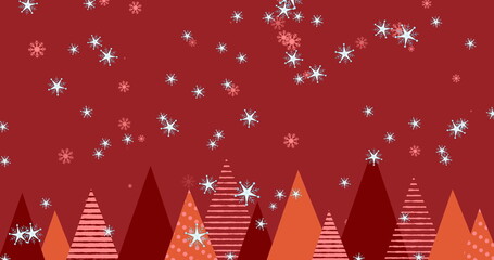 Naklejka premium Multiple stars and snowflake icons falling against multiple christmas tree icons on red background