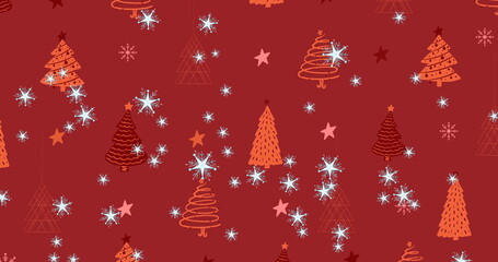 Multiple star icons falling against multiple stars and christmas tree icons on red background
