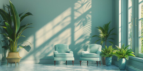 Interior with blue armchairs and plants. 3d render illustration