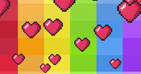 Image of hearts floating on rainbow background