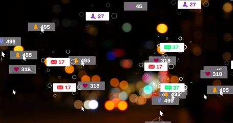Deurstickers Image of social media icons and numbers over out of focus city lights © vectorfusionart