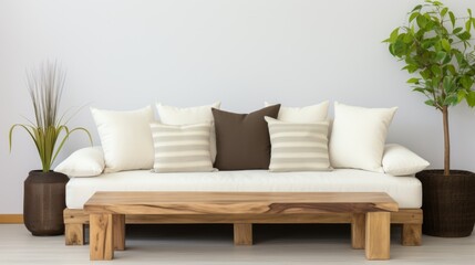 Boho ethnic living room  rustic coffee table, white sofa, brown pillows, and poster frames