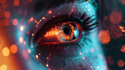 Fototapeta na wymiar Eyes with illuminated on a neon futuristic technology background