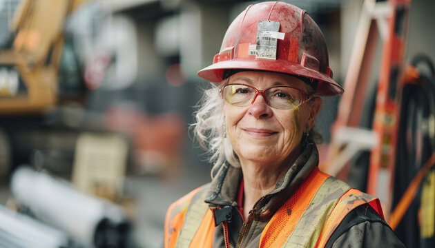 woman working on a construction site, construction hard hat and work vest, smirking, middle aged or older --ar 7:4 