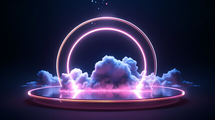 Glowing geometric shapes, neon effects and magical clouds