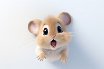 A cute, surprised animated mouse with large expressive eyes, captured on a soft, light background.