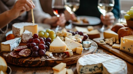Naklejka na ściany i meble Friends enjoying a gourmet cheese platter with wine in cozy atmosphere