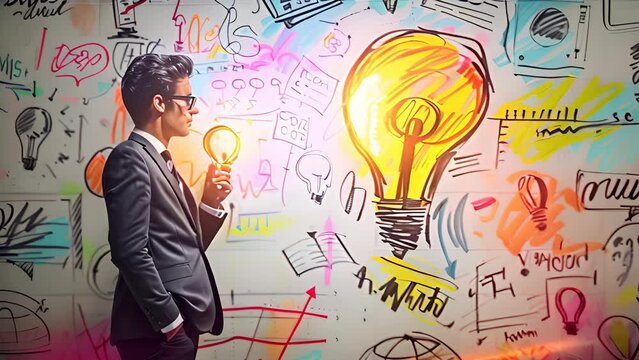 A stylish professional contemplates innovative concepts amidst vibrant brainstorming sketches
