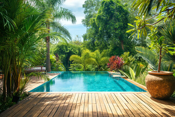 Swimming pool in the tropical forest. Luxury villa.