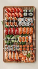 A colorful assortment of sushi rolls on a rectangular wooden cutting board with chopsticks and a dish of soy sauce.