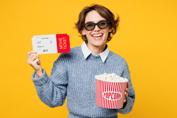 Young happy woman she wears grey knitted sweater shirt casual clothes 3d glasses watch movie film...