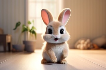 An adorable, fluffy animated bunny with bright eyes sits on a wooden floor inside a cozy home, exuding warmth and comfort.