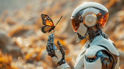 Robot with glowing orange details holds a monarch butterfly in its fingers, surrounded by a golden bokeh landscape