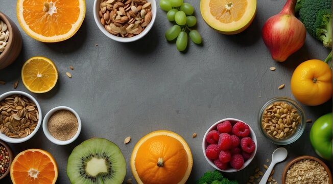 A vibrant array of colorful fruits and vegetables fills the table
