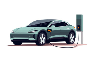 Modern electric smart suv car charging parking at the charger station with a plug in cable. Isolated flat vector illustration concept on white background. Electrified future transportation e-motion.