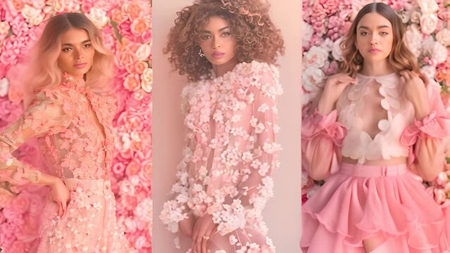Three models in elegant dresses stand in front of a wall covered in colorful flowers. They strike different poses and showcase the beauty of the floral backdrop