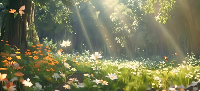 views of green forests surrounded by beautiful flowers and butterflies