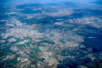 Aerial view of Santiago de Queretaro, a city in central Mexico. Panorama from airplane
