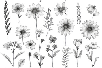 Naive Floral Crayon Drawings Pattern, Continuous with small flower sketches, white background ,seamless repeating pattern. - obrazy, fototapety, plakaty