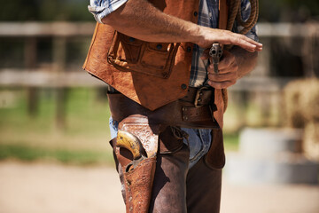 Cowboy, tough and aim gun to shoot for standoff or gunfight in duel for wild western culture in...