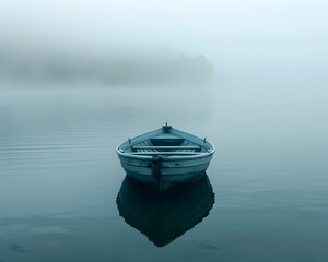 A small boat is floating on a lake in the fog. The water is calm and the boat is the only thing...