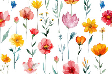 Naive Floral Crayon Drawings Pattern, Continuous with small flower sketches, white background ,seamless repeating pattern.