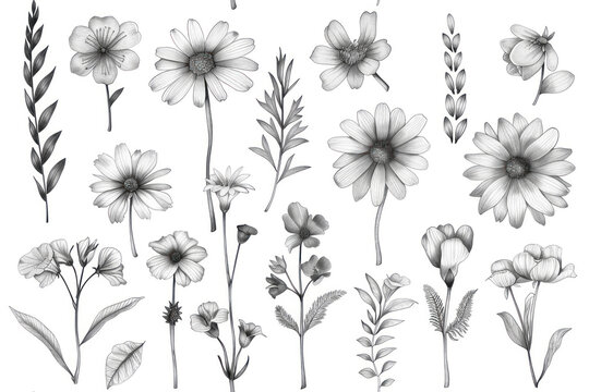 Naive Floral Crayon Drawings Pattern, Continuous with small flower sketches, white background ,seamless repeating pattern.