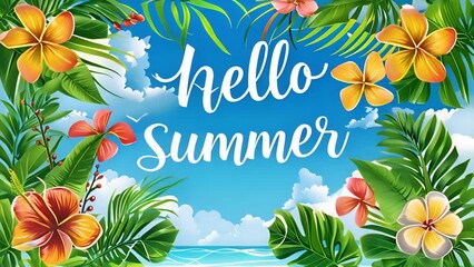 A beach scene featuring colorful flowers with the words hello summer displayed