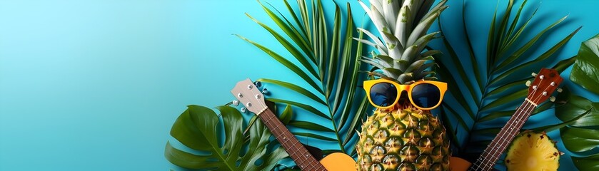 A pineapple wearing sunglasses and holding a guitar. The image has a tropical vibe and is meant to evoke feelings of relaxation and leisure