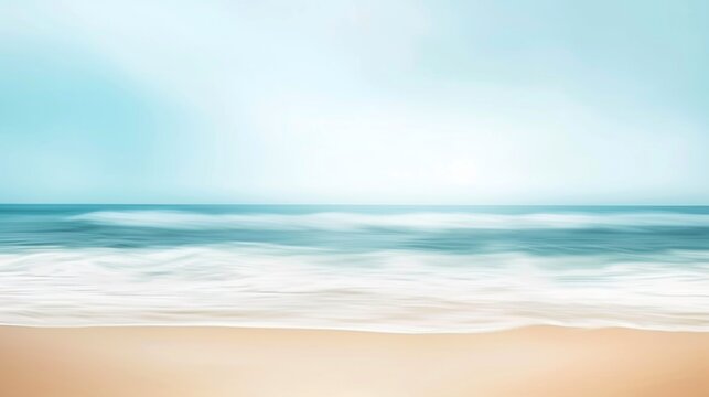 Blurred scene features empty sandy beach with sea background