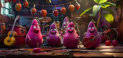 A group of four fruit cartoon characters are playing instruments and singing - obrazy, fototapety, plakaty