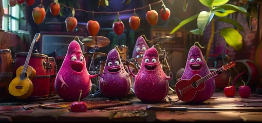 Deurstickers A group of four fruit cartoon characters are playing instruments and singing © Wuttichai
