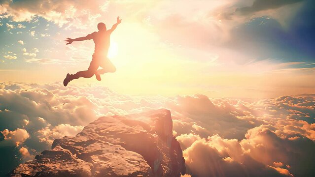 Active man performs a daring leap off a cliff and into the open sky