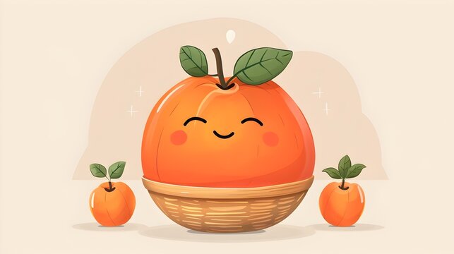 A cartoon orange with a smile on its face is sitting in a basket with other oranges. The basket is surrounded by flowers, creating a cheerful and playful atmosphere
