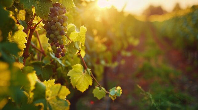 Sun-kissed grapevines in a vibrant vineyard at sunset, depicting the winemaking process