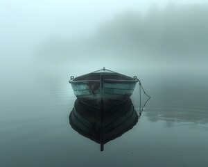 A small boat is floating on a lake in the fog. The water is calm and the boat is the only thing...