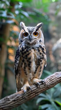 A large owl is perched on a tree branch. The owl has a yellow eye and is surrounded by green foliage. Concept of calm and tranquility